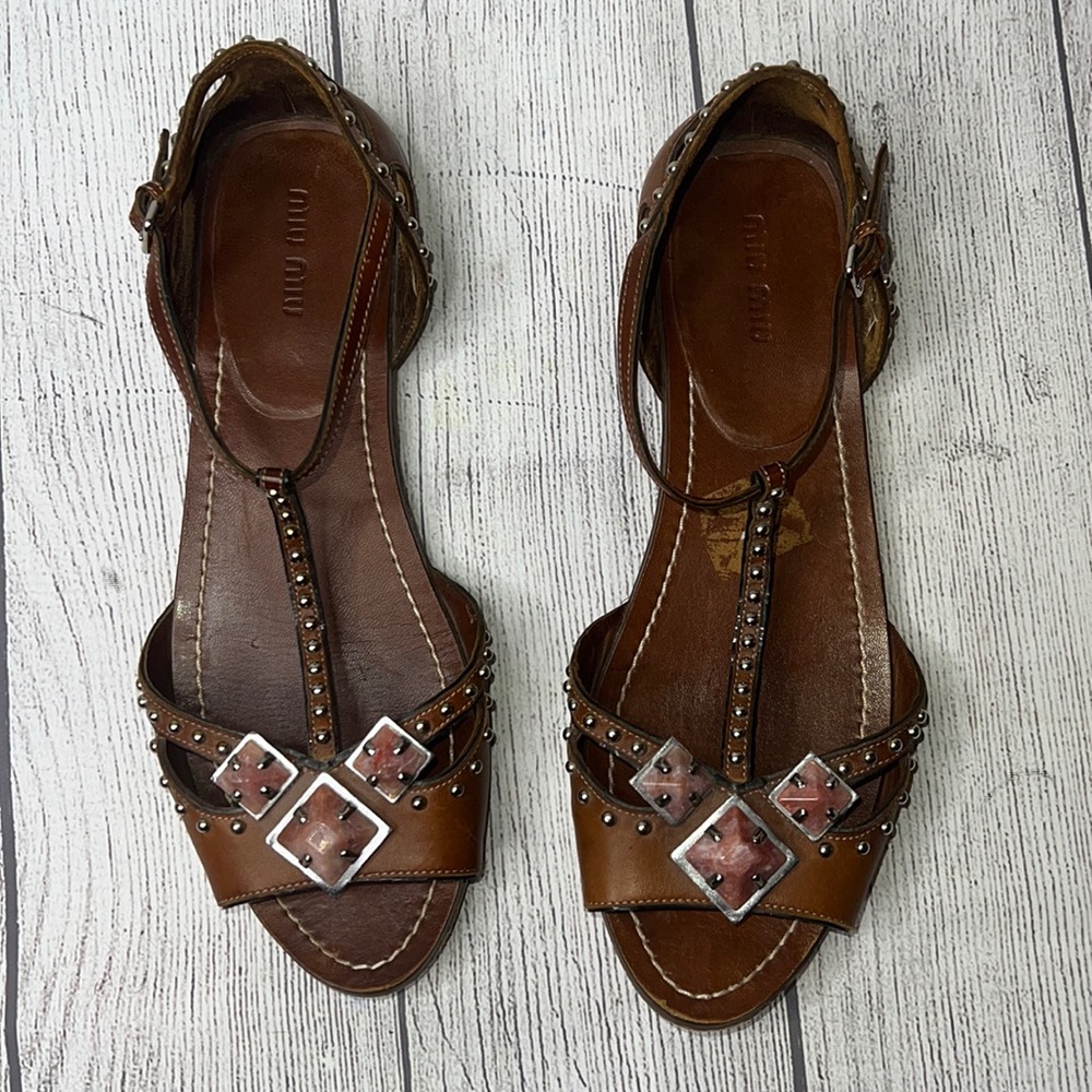 🔹 Miu Miu Vintage Leather Studded Embellished Sandals